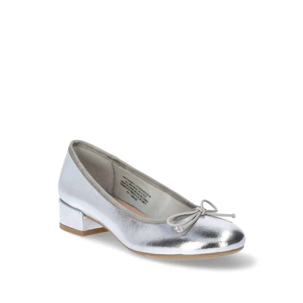 Silver Leather Low Block Heel Ballet Pump